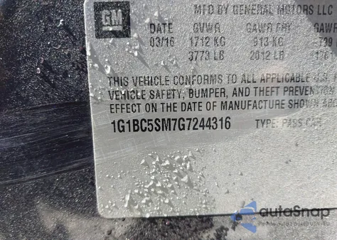 2016 Chevrolet Cruze Ls Auto из США, поврежденный, VIN 1G1BC5SM7G7244316